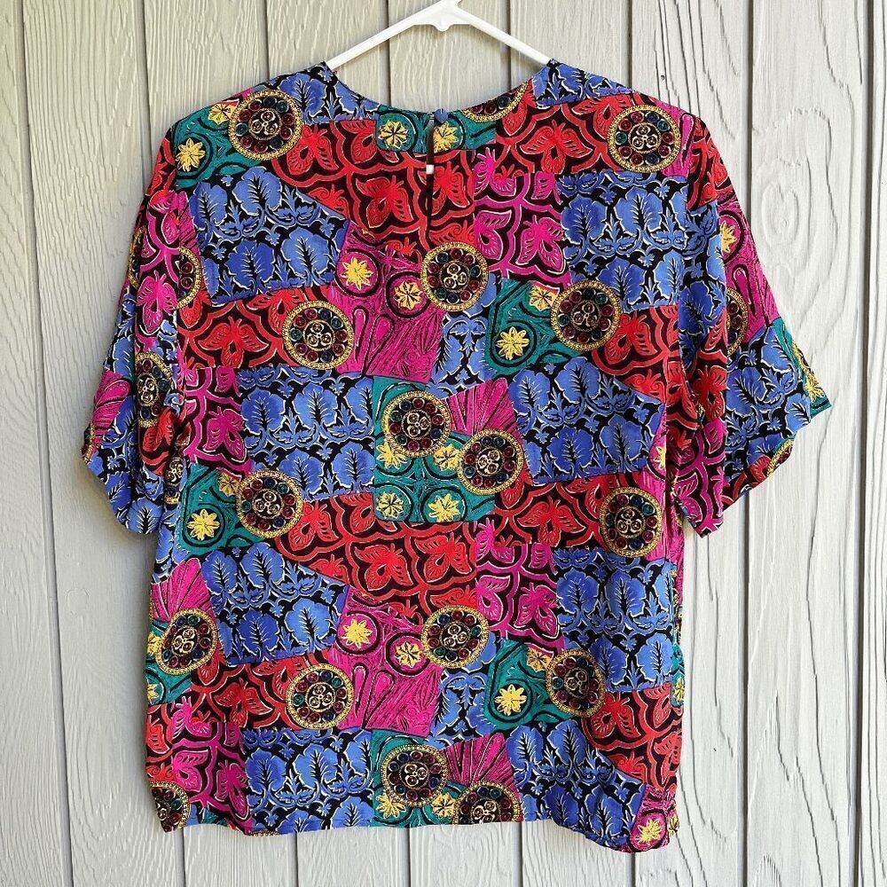 Vintage 80s 100% Silk Bright Colorful Print Sleeve, SZ L - Picture 12 of 12